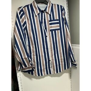 Womens Navy Blue‎ Tan White Vertical Striped Button Down Shirt XXL Long Sleeve